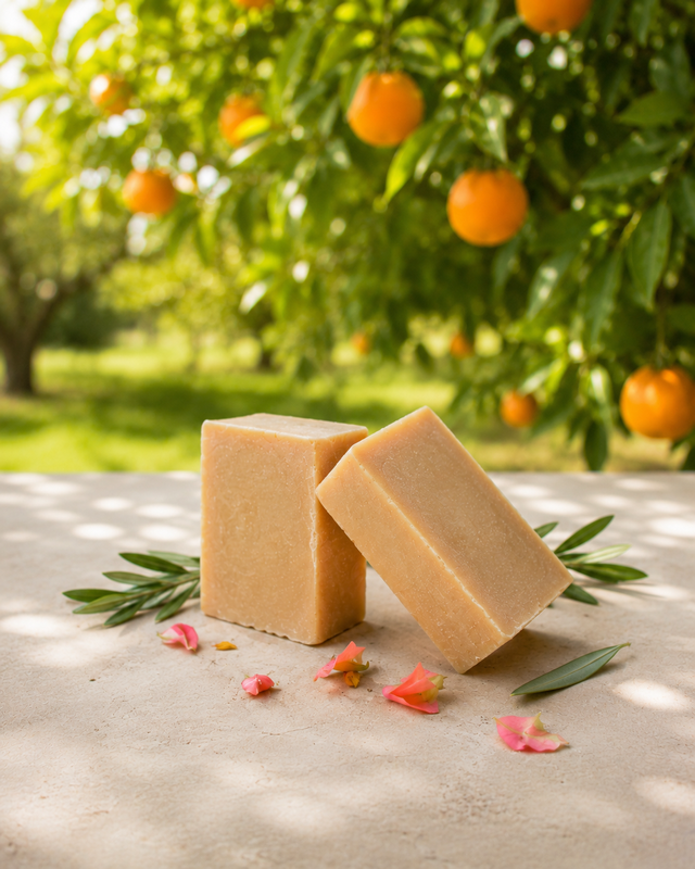 Savon artisanal 100 % naturel à l’huile précieuse d’Argan, au nectar de Miel et à l’huile essentielle d’orange douce